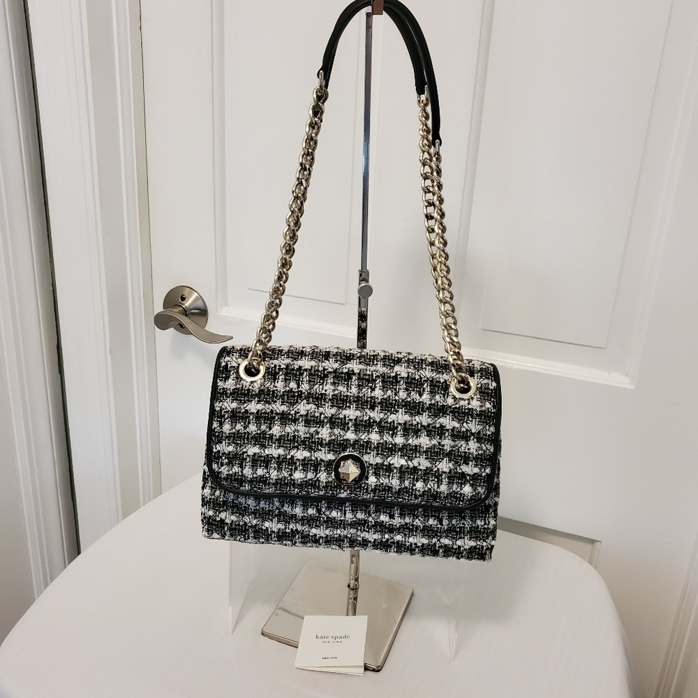 EUC Kate Spade Natalia Black & White Tweed Flap Close Crossbody/Shoulder Bag - Picture 2 of 11